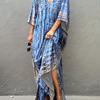 Plus Size Boho Cover Up, Women's Plus Striped Batwing Sleeve V Neck Split Maxi Kaftan Cover Up Dress