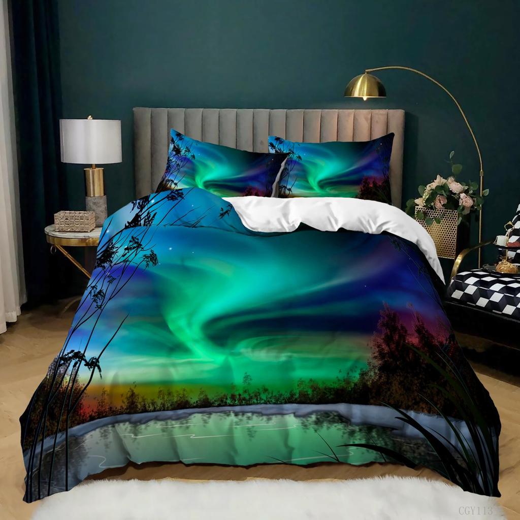 Aurora Borealis Полиэстер Пододеяльник Комплект Дерево Под Магнитным Полем Природы с Северным Сиянием Пейзаж Картина King Size