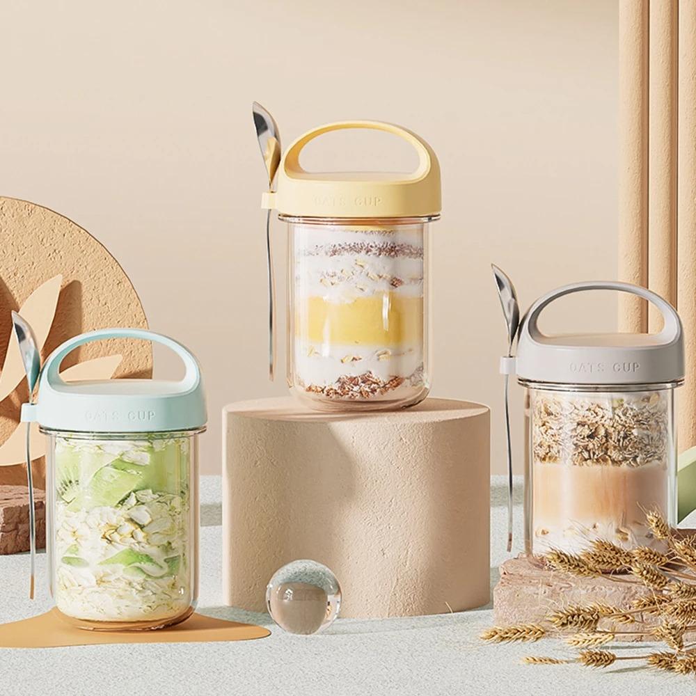 Стакан для овсянки на ночь 430 мл, стеклянный, с крышкой и ложкой, герметичный, для еды, для завтрака, портативный, для хлопьев, молока, салата, йогурта, кухонный предмет
