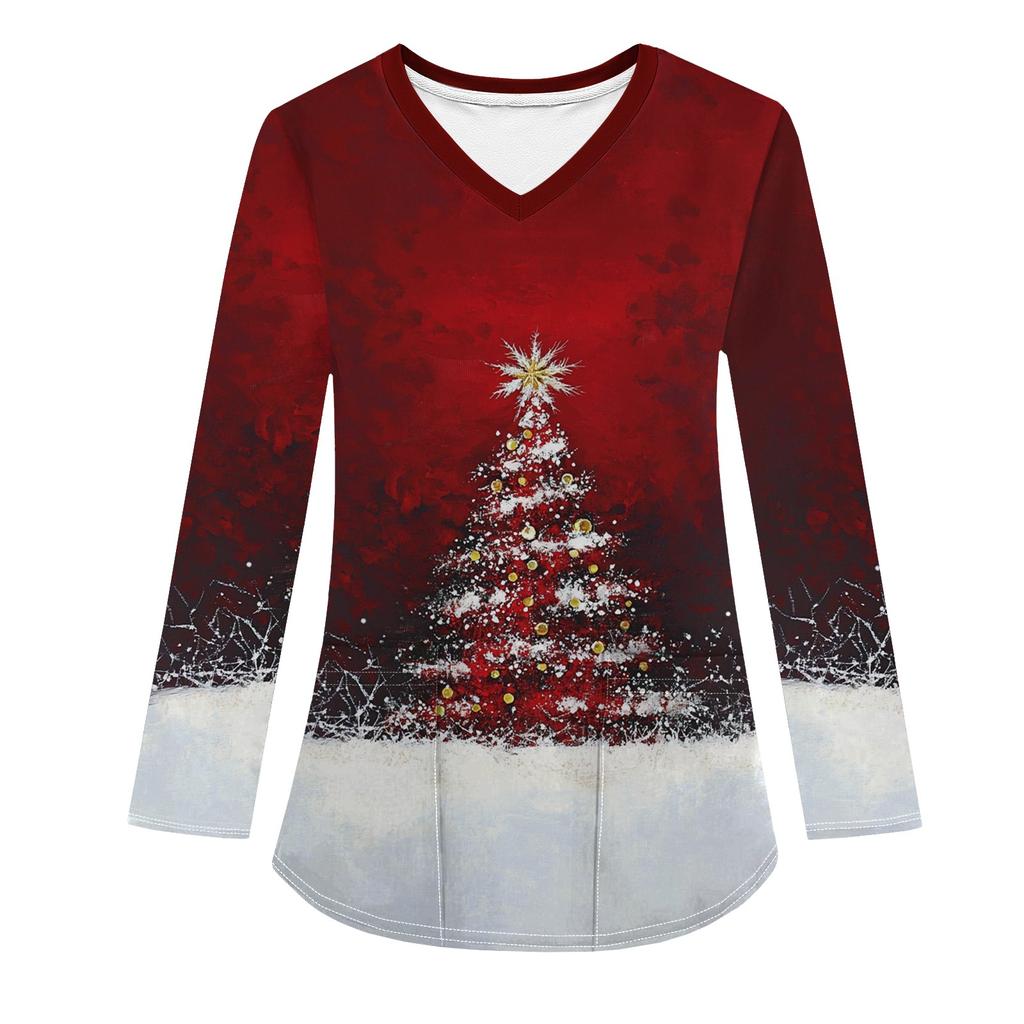Женская модная рабочая одежда с V-образным вырезом, длинным рукавом и карманом, рождественский принт, футболка, топ