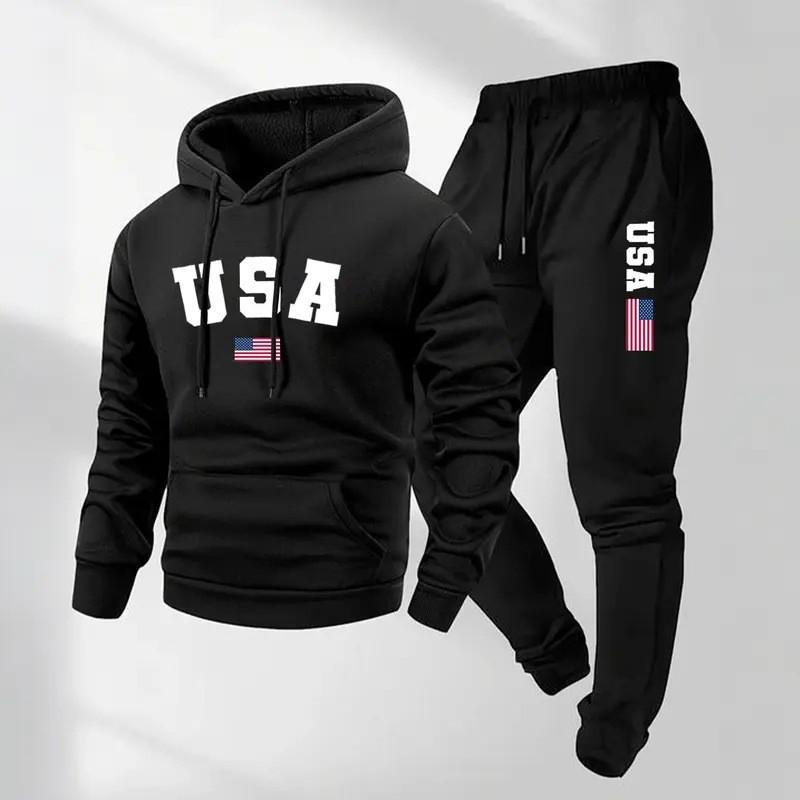 Men Women Hooded Sweatshirt Set With USA Flag Print Warm Fleece Lined Casual Sportswear Winter Outfit