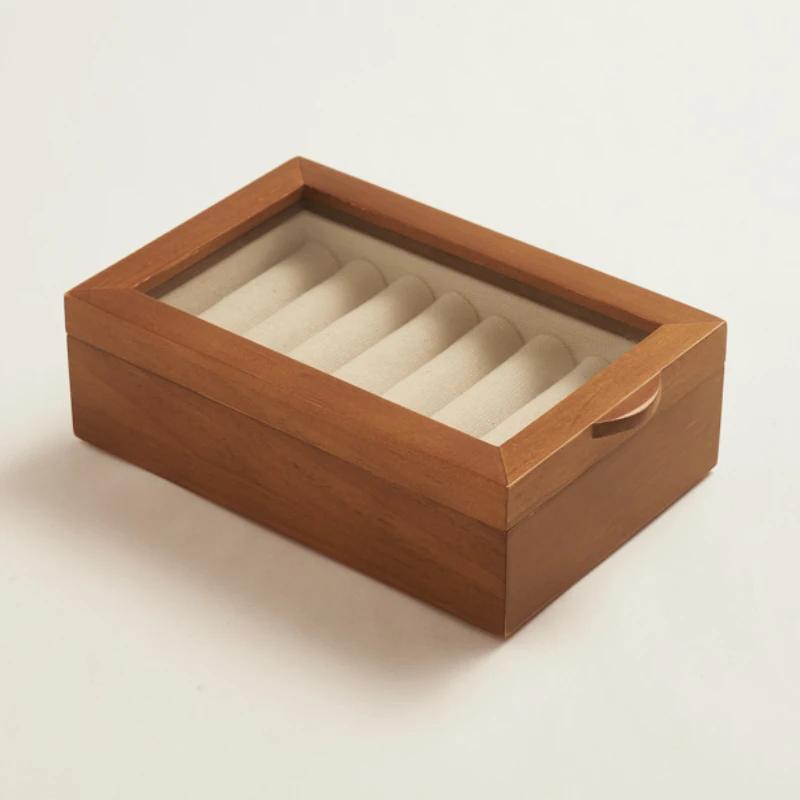 Solid Wood Ring Earrings Storage Jewelry Box Luxury Transparent Glass Cover Jewelry Organizer Aesthetic Display Boxes Bracelet Packaging Boxes Gifts