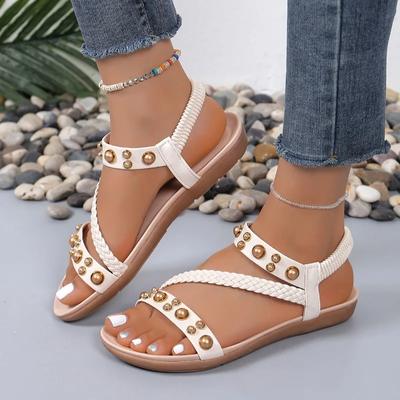 Мода 2024 года, горячая распродажа женской обуви, женские сандалии больших размеров, модные сандалии с заклепками, женские новые сандалии на плоской подошве с открытым носком и эластичной резинкой