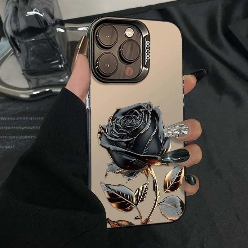 Премиальный черно-золотой чехол с рисунком розы для iPhone 17 16 15 14 13 12 11 Серии Pro Max Plus Двухслойная защита
