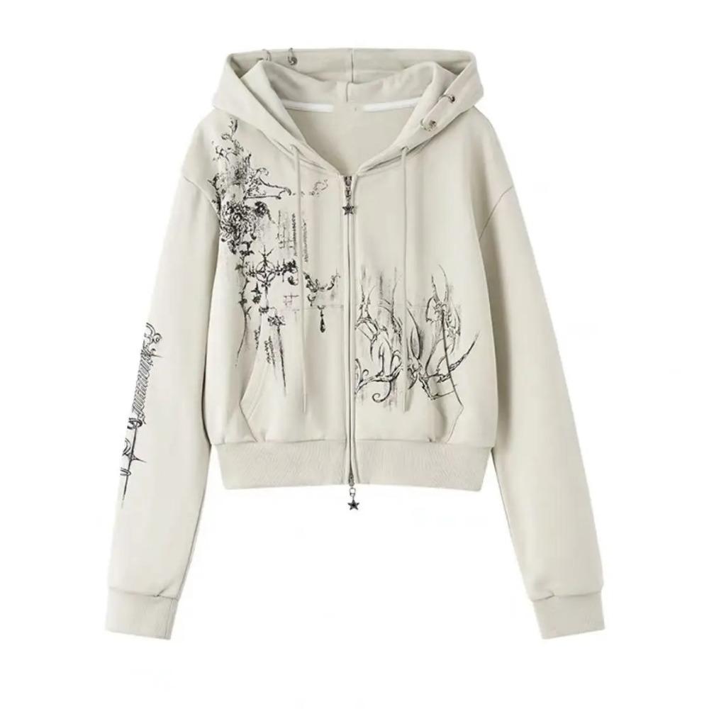 VAYLA Осенние укороченные худи в эстетике Y2k для женщин, повседневные, с принтом, на двойной молнии, в стиле харадзюку, панк, готические куртки в стиле фейри-гранж