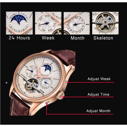 Gosasa Men's Brown Genuine Leather Tourbillon Automatic Watch, Brown, Mechanical, Automatic Watch.