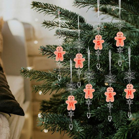 Christmas Gingerbread Man Letter Ornament Name Initial Gingerbread Hanging Decoration with Clear Acrylic Snowflake Icicle for Xmas Tree Party Decor