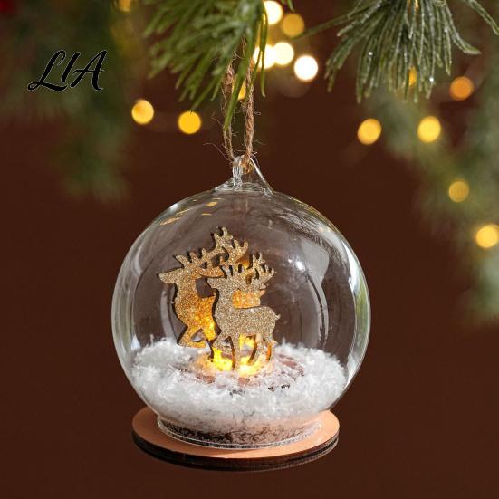 Lighted Christmas Tabletop Decor Glass Ball Ornament, LED Winter Snow Scene Wonderland Props Hanging Bauble with Reindeer Cabin for Tree Decorations