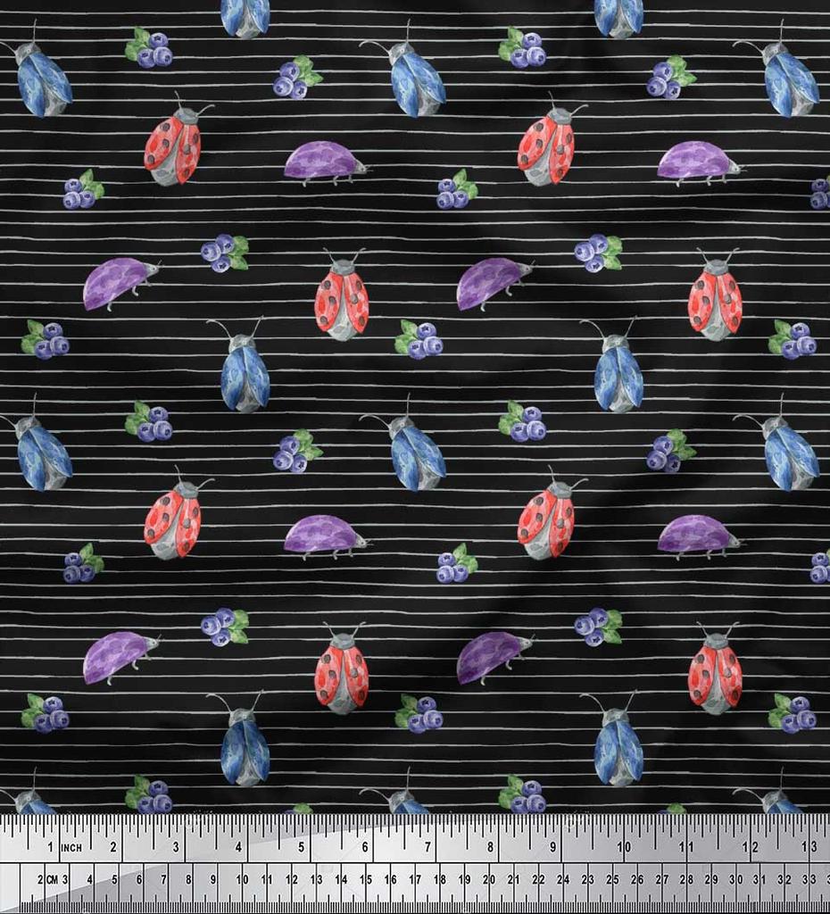 Soimoi Black Japan Crepe Satin Fabric Ladybug Insect Print Fabric by the Metre 42 Inch