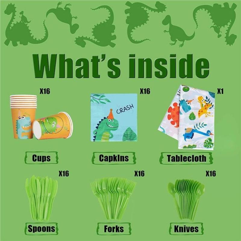 Одноразовый набор посуды с тематикой зеленых динозавров для украшения сцены детского дня рождения