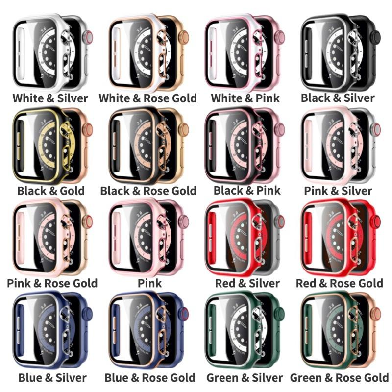 Закаленное стекло 2 в 1 + чехол для Apple Watch Series 7, 41 мм, 45 мм, iWatch Series SE 6, 5, 4, 3, 2, 1, 38 мм, 40 мм, 42 мм, 44 мм, рамка с полным бампером, аксессуары для часов