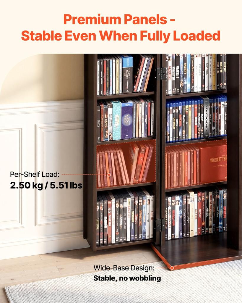 Media Storage Cabinet, 6-Tier DVD Shelf Organizer, 610 x 368 x 1270 mm Multimedia Storage Organizer for CDs, DVDs, Books, Games, CD Shelf for Living