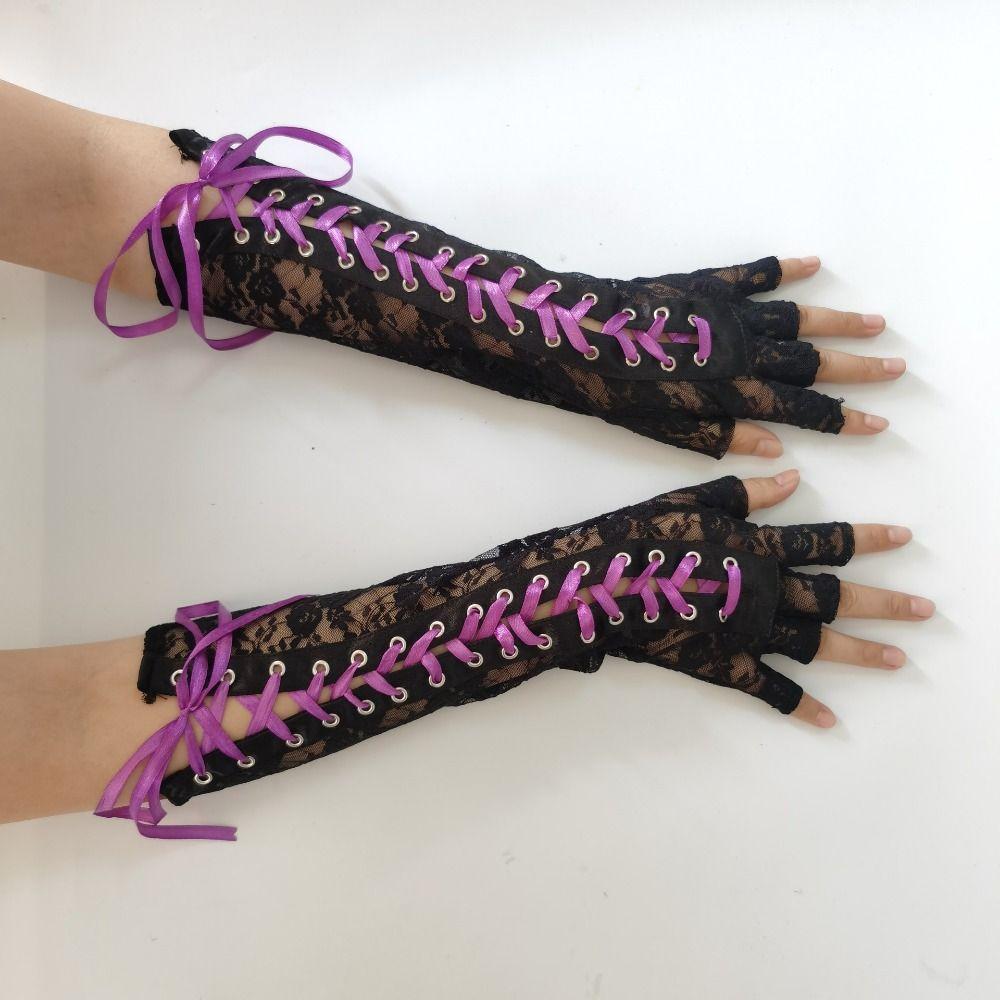 Lolita Ribbon Half Finger Gloves JK Women Gloves Fashion Lace Strap Gloves Long Gloves Prom Dress