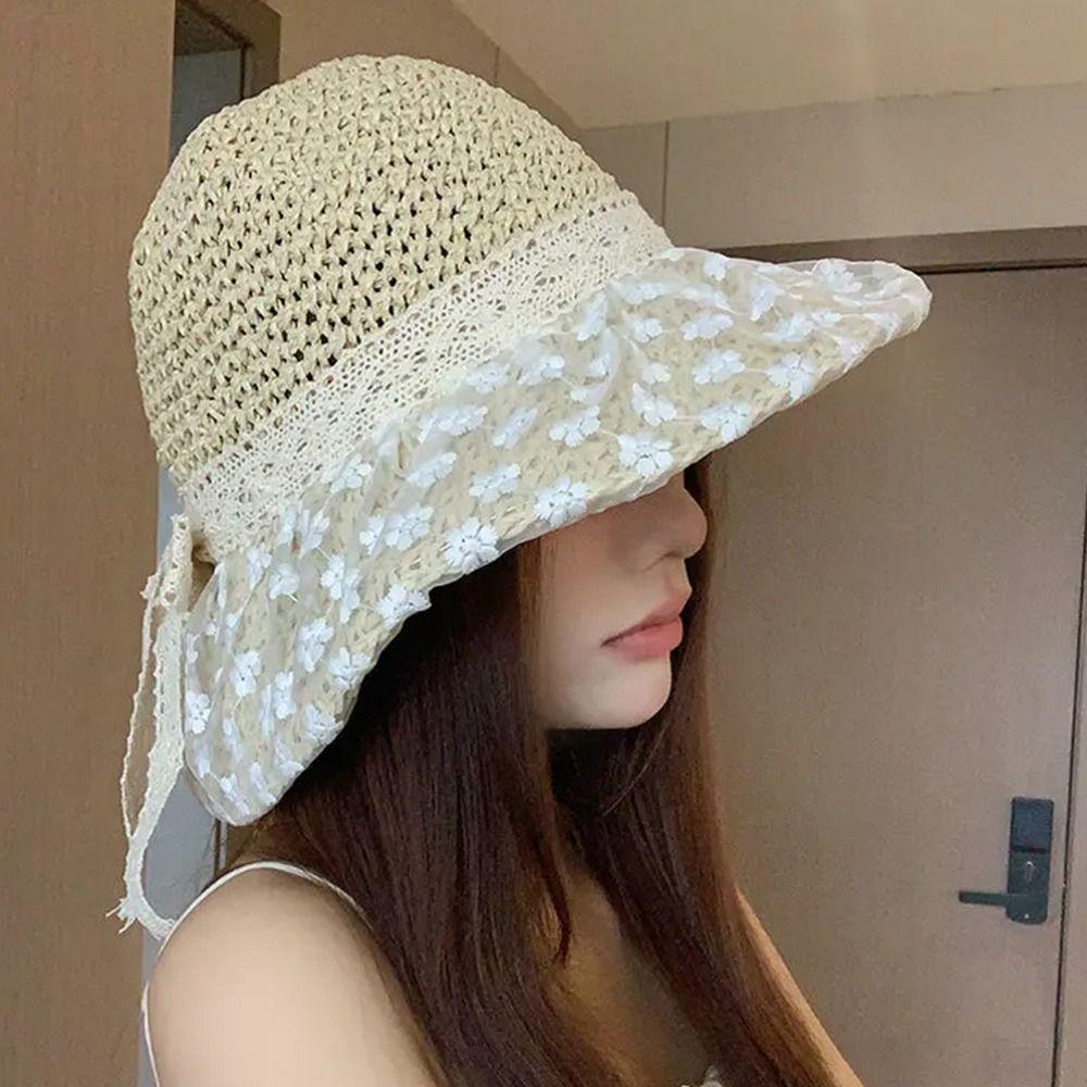 Large Brim Flower Sun Hat Breathable Lace Bowknot Sunshade Cap Vacation Woman's Straw Hat  Travel