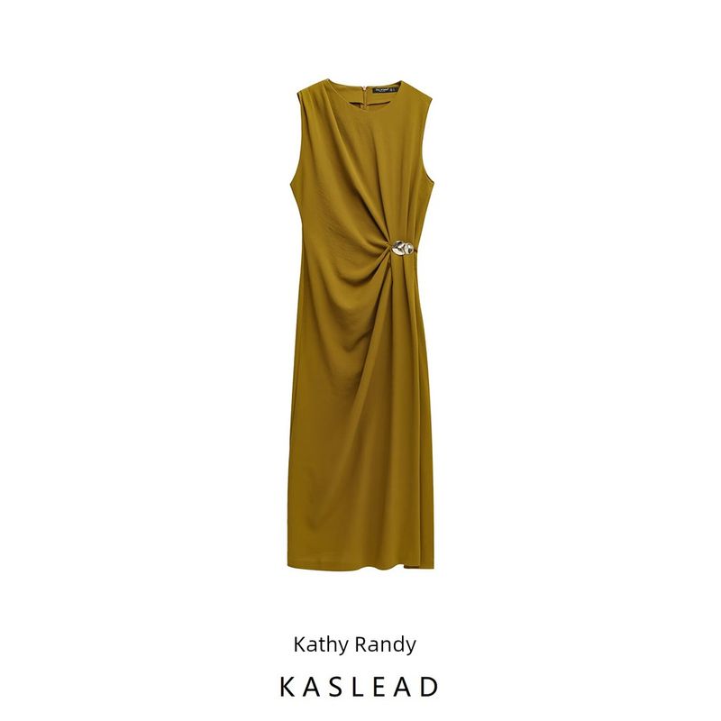Kaslead New Arrival Women's Clothing Fashion Style Ruched Decorative Round Neck Sleeveless Midi Skirt Dress 5029067