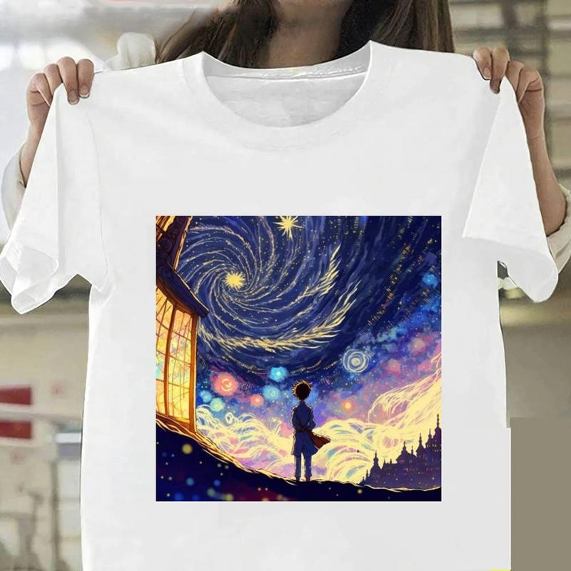 Ван Гог Маленький принц Искусство масляной живописи Модные женские футболки Одежда в стиле Харадзюку Летние футболки с коротким рукавом Повседневные топы с круглым вырезом