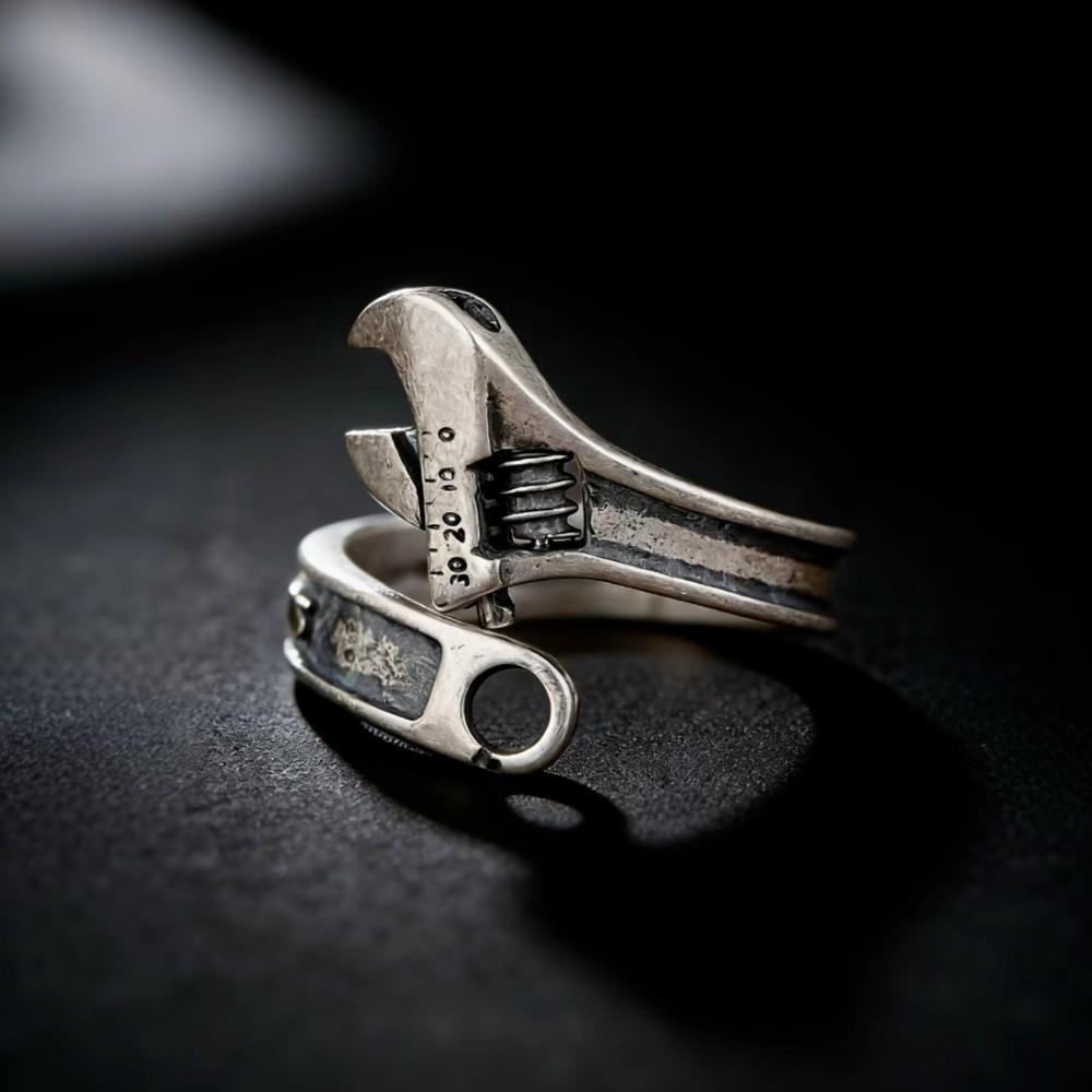 Heavy Duty Spanner Finger Ring Silver Plated Biker Jewelry Wrench-Shaped Open Ring  Boys Girls