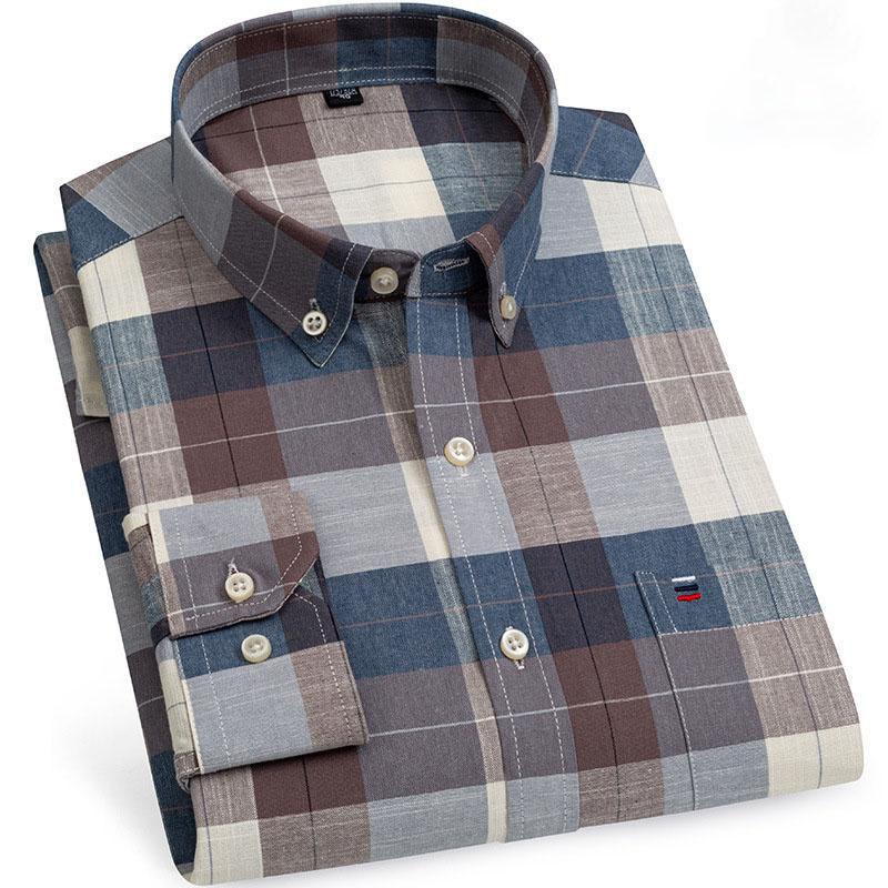 Oxford Men Fashion 100% Cotton Thin Long Sleeve Casual Slim Solid Color Plaid Print Stripe Formal Dress Shirt Plus Size