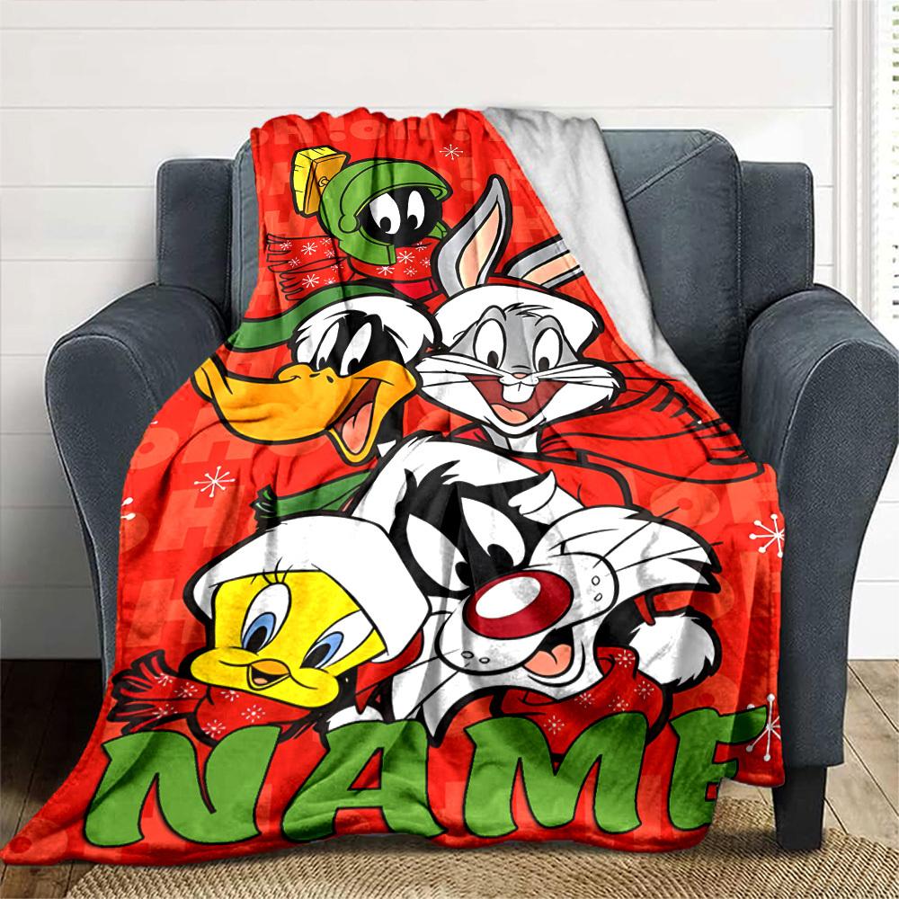 Looney Tunes Christmas Characters On Red Background Cozy Personalized Blanket Personalized Name Durable Comfort Throw For Sofa Couch Office Bed