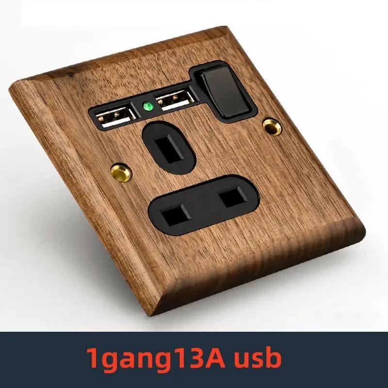 Retro Uk 13A Wall 2gang2way Light Switch,antique Villa High Power USB C Fast Charging Solid Wood Socket,home Speed Dimming Panel