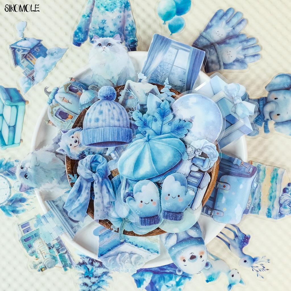 56pcs Transparent Cartoon Blue Winter Stickers Pack Waterproof PET Bookkeeping Material Decorative Car Notebook Graffiti Sticker