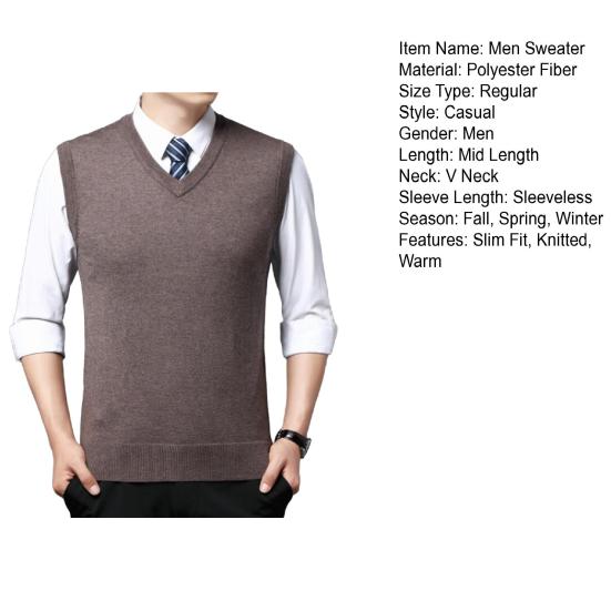 Men Vest Sweater V Neck Sleeveless Slim Fit Solid Color Knitted Pullover Slim Fit Mid Length Thickened Business Style Sweater