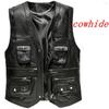 Cowhide Genuine Leather Vest Men Brown Waistcoat Male Sleeveless Jacket Thick Motorcycle Vest Multi Pocket Zipper