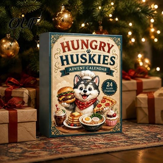 Festive Home Party Supplies Husky Advent Calendar with 24 Foodie Acrylic Ornaments, 2D Flat Christmas Ornaments Tree Decoration, Cute Dog Themed