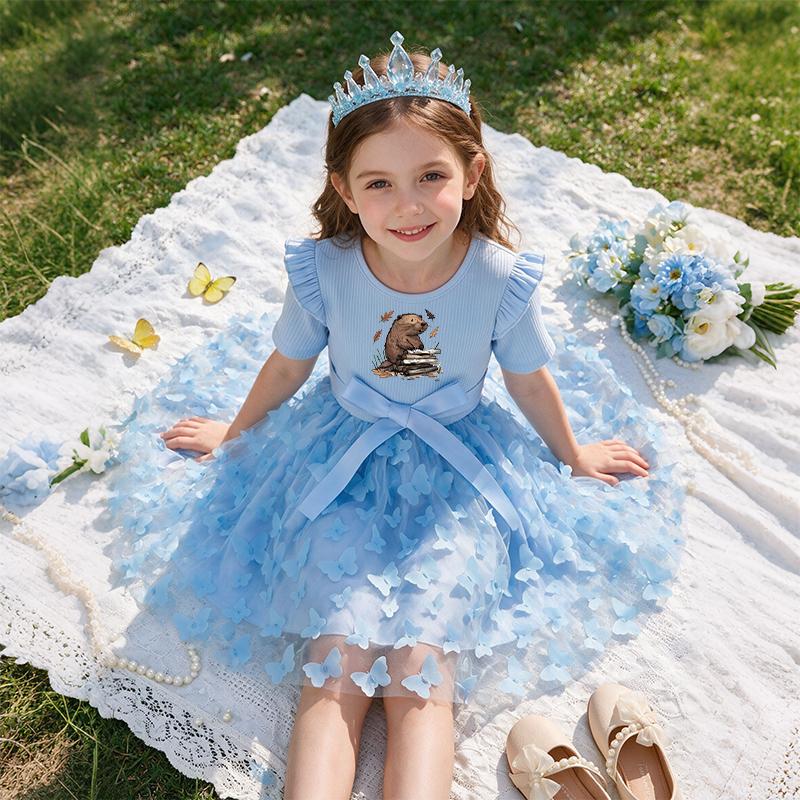 Girls Butterfly Tulle Dress, Print on the wooden stake,Cute Princess Party Dress with Bow, Short Sleeve Summer Dress for Little Girls