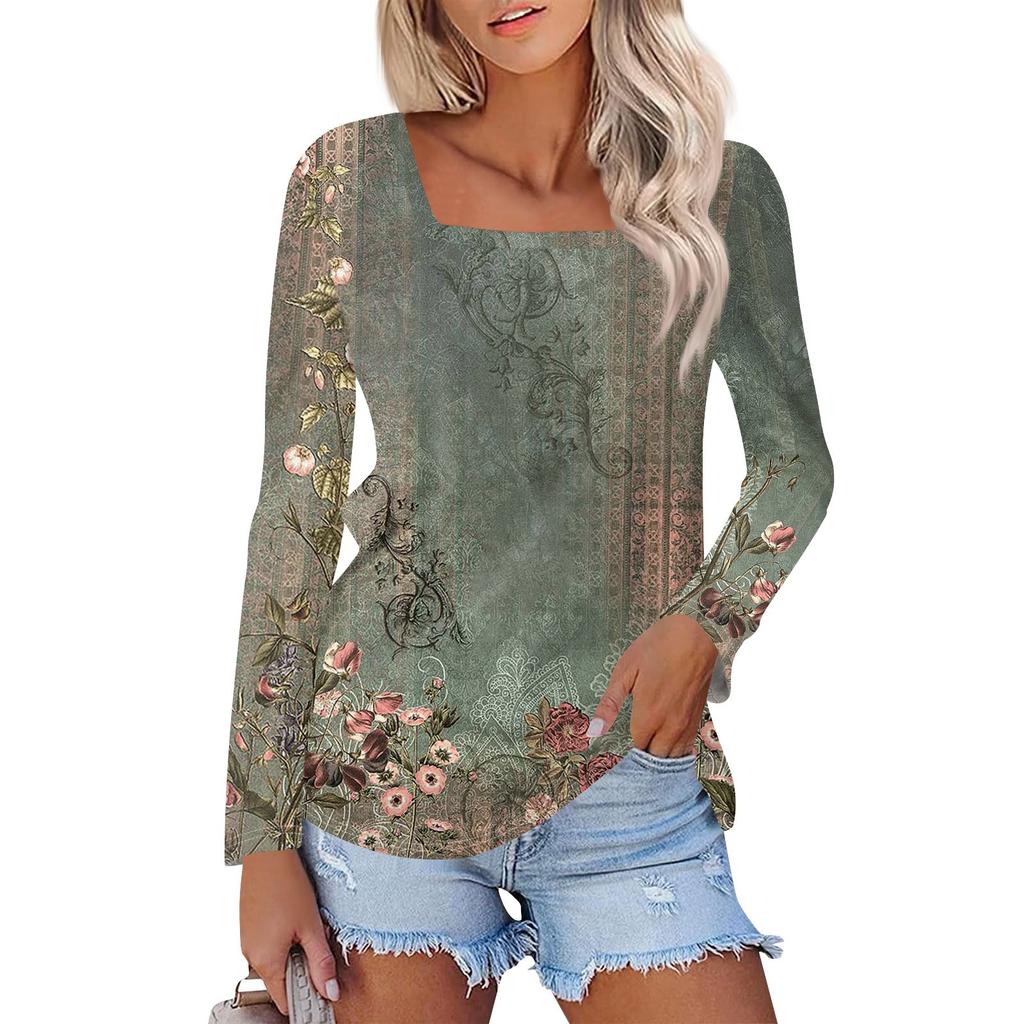 Рубашка для женщин, модная повседневная свободная футболка с квадратным вырезом и длинным рукавом с принтом, женский топ