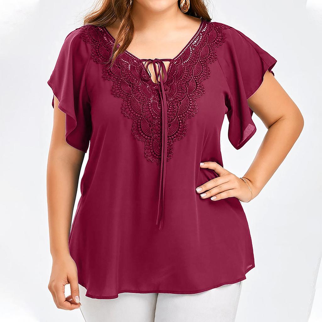 Women Fashion Plus Size Lace T-Shirt Blouse  Short Sleeve Tops