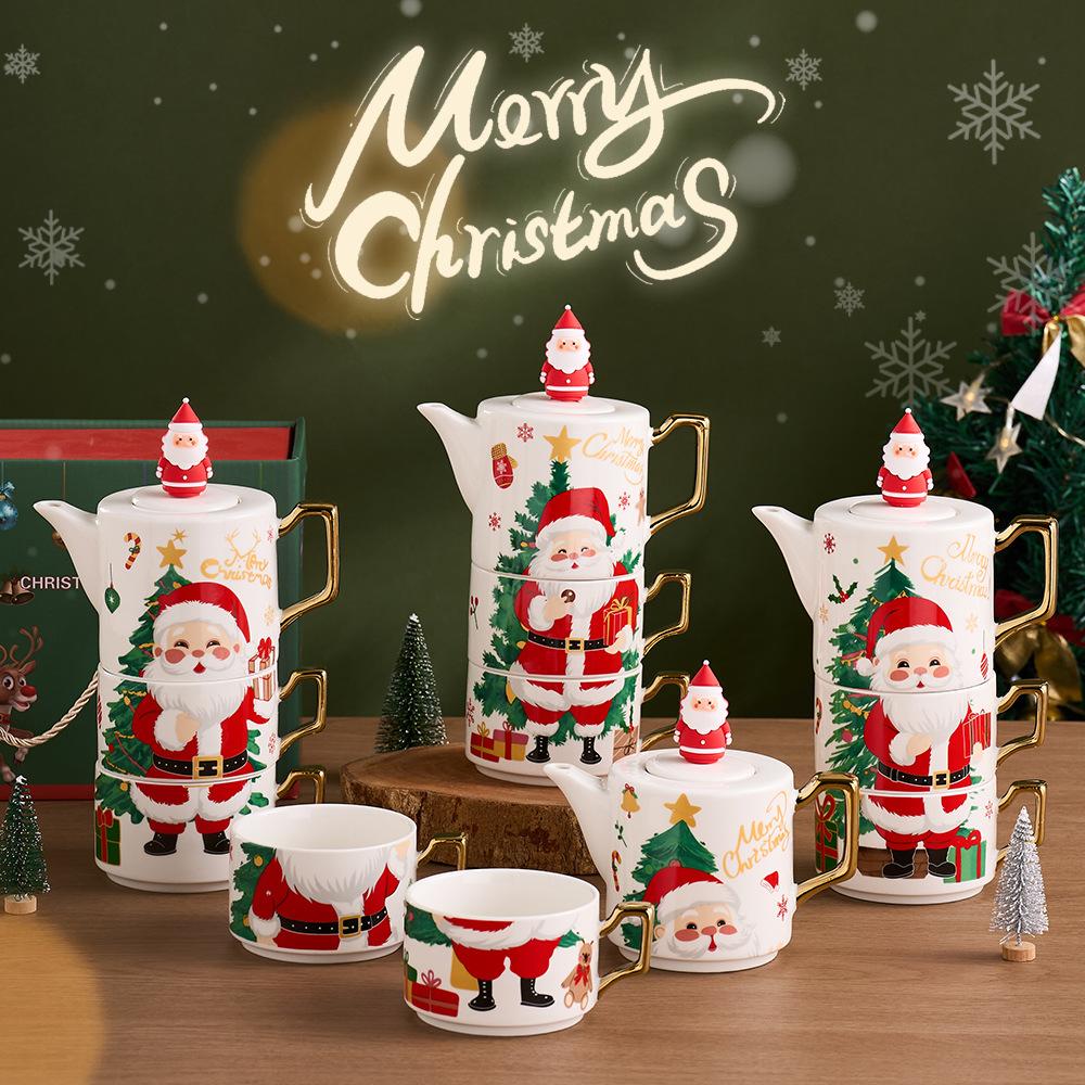 Рождественский керамический чайный сервиз с одним чайником и двумя чашками