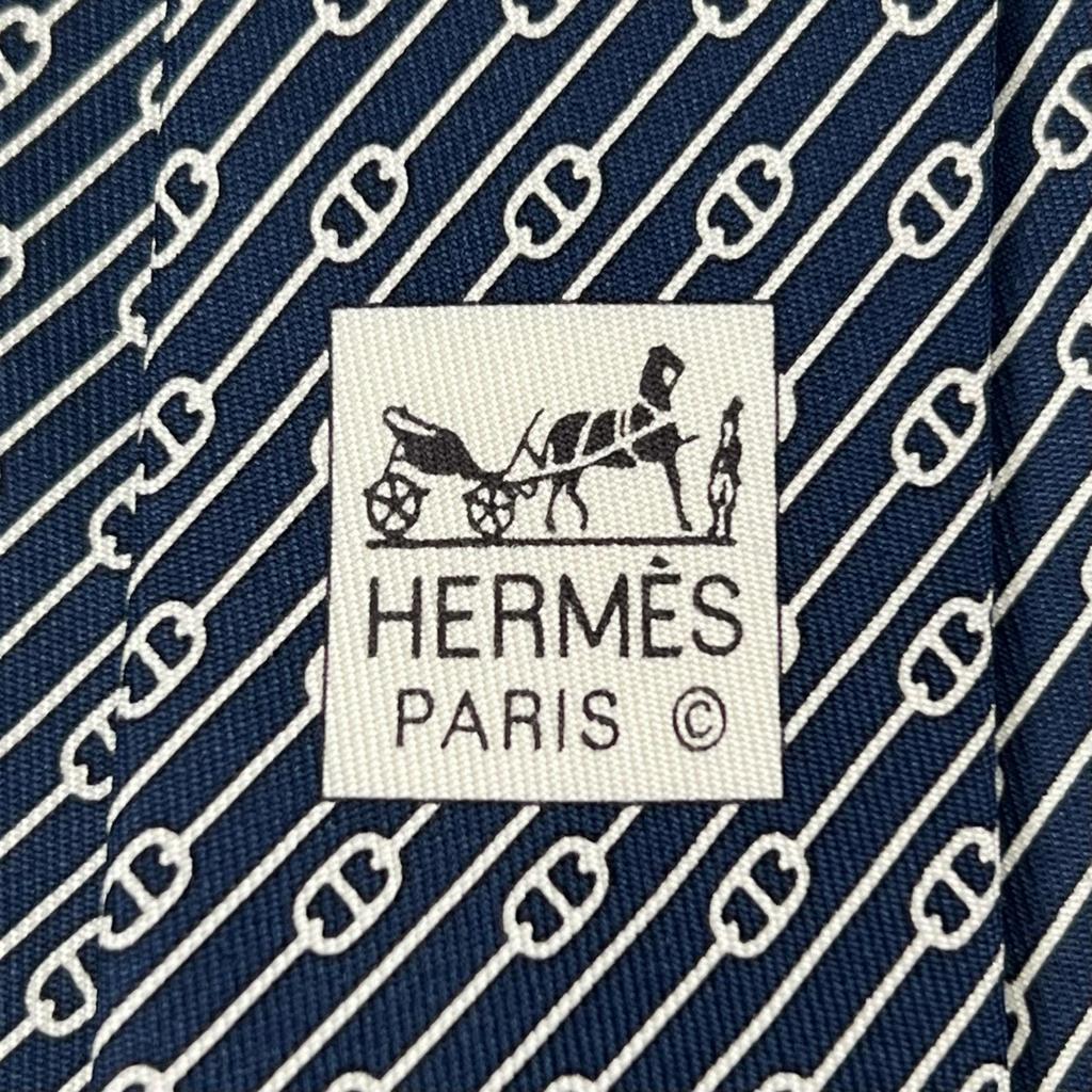 Безупречный ГАЛСТУК HERMES Узор "Цепи" Темно-синий шелк мужской 5500 UA Б/у