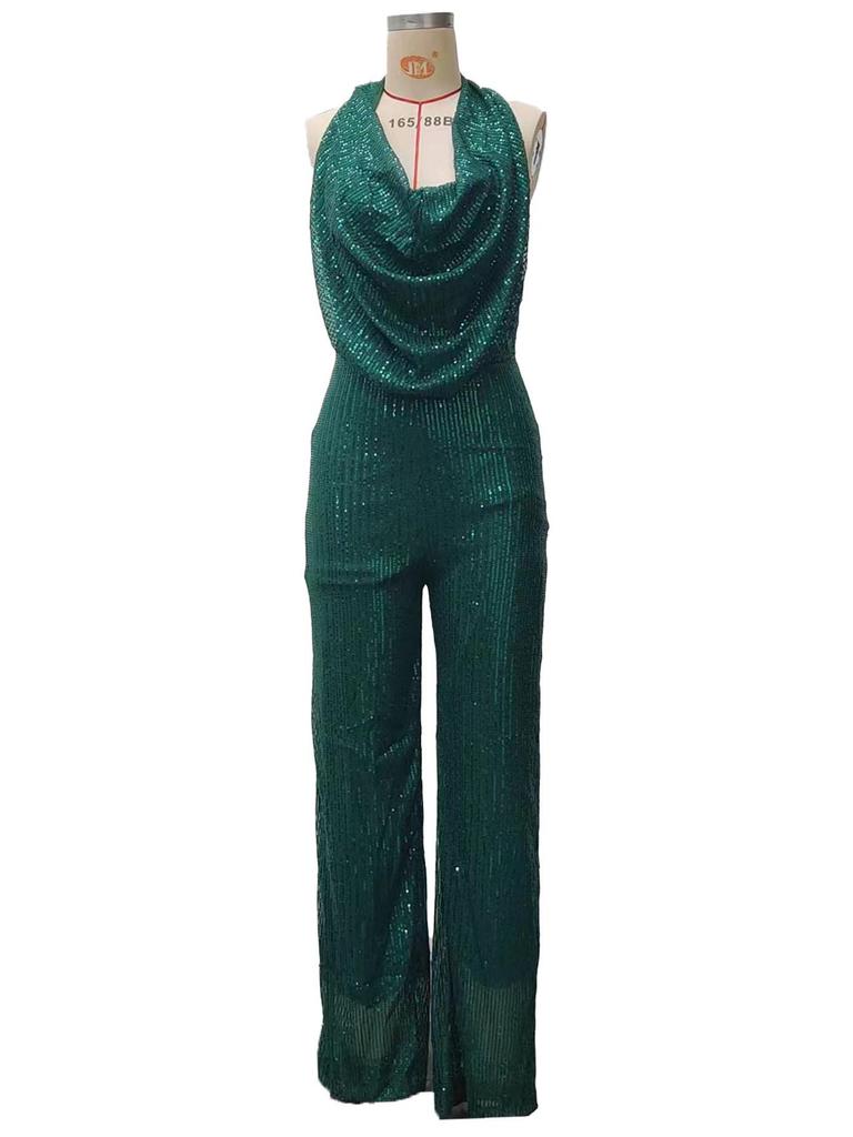 2024 Summer Sleeveless Halter Neck Sequin Jumpsuit for Women