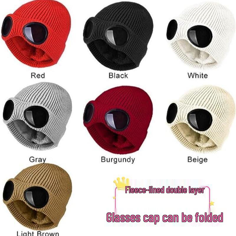 Унисекс Шерстяная Вязаная Шапка с Очками, На подкладке из бархата для тепла и ветрозащиты при катании на лыжах