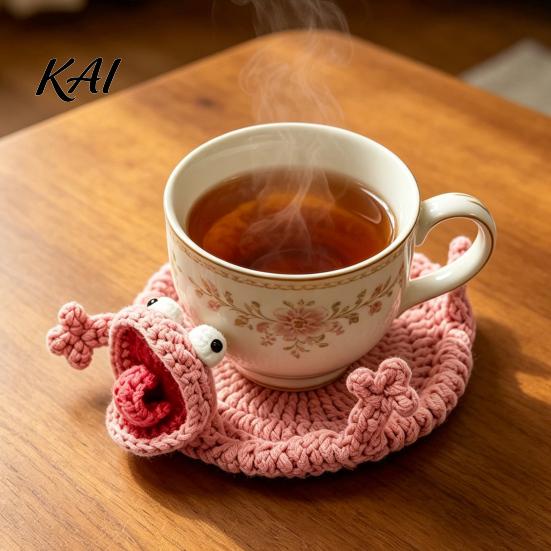 Hot Drink Table Protector Funny Crochet Lizard Coaster, Handmade Knitted Animal Cup Mat, 3D Flip Stress Relief Desk Accessory Design Coaster for Desk