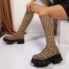 2024 Fall Hot Sale Platform Muffin Plus-size Socks Thick Heel Thin Leopard Print Knee-high Boots for Women Zapatos De Mujer