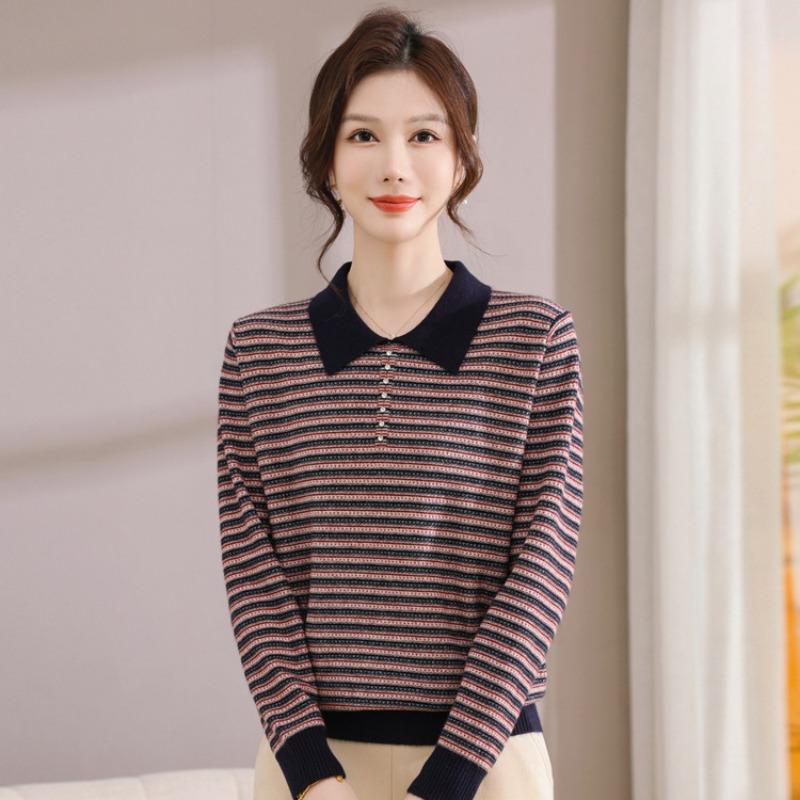 Autumn New Middle-aged and Old Bottoming Shirt Top Fashionable Mother Striped Knitted Sweater Loose and Casual
