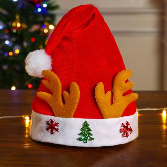 Christmas Hat Children Red Velvet Santa Hat with Cartoon Antler Pattern Decoration Festive Holiday Party Supplies