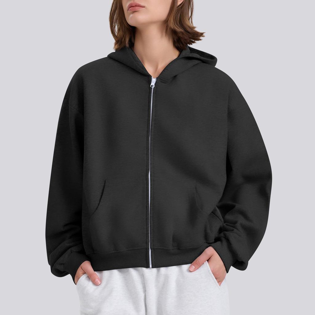 Женская однотонная свободная толстовка с капюшоном на молнии с длинным рукавом