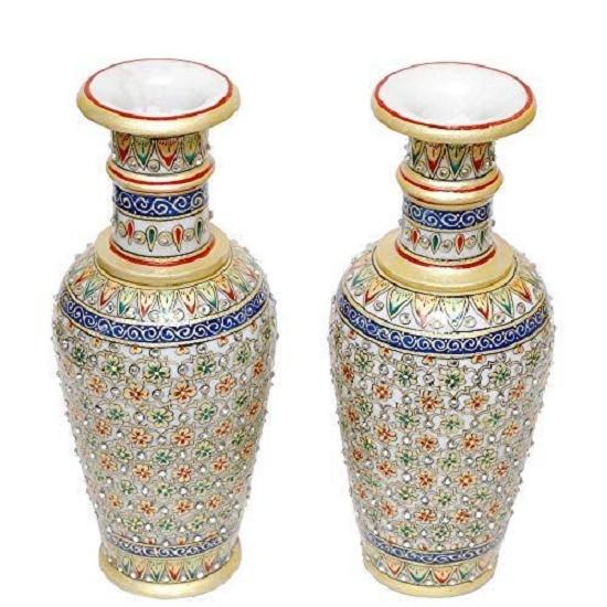 Designer Decorative Marble Flower Vase | Round Shape Beautiful Sea Color Rajasthani Meenakari Handpainted Work Showpiece Vases for Home