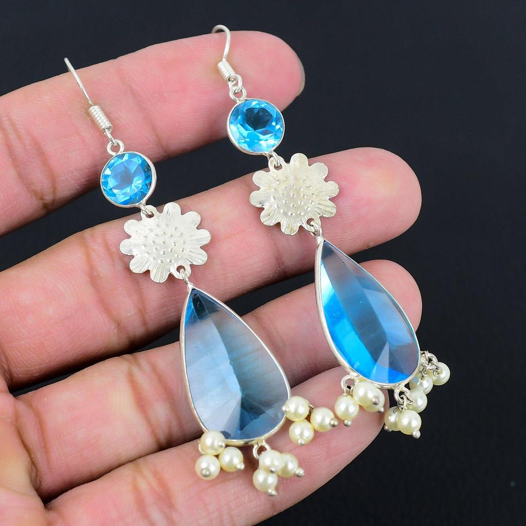 Gift For Women Drop/Dangle Earrings 925 Silver Natural Blue Topaz Gemstone