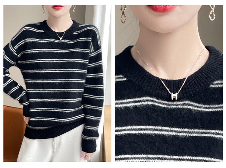2024 Autumn/Winter Pure Wool Striped Round Neck Sweater - Relaxed, Versatile Fashion for Commuting