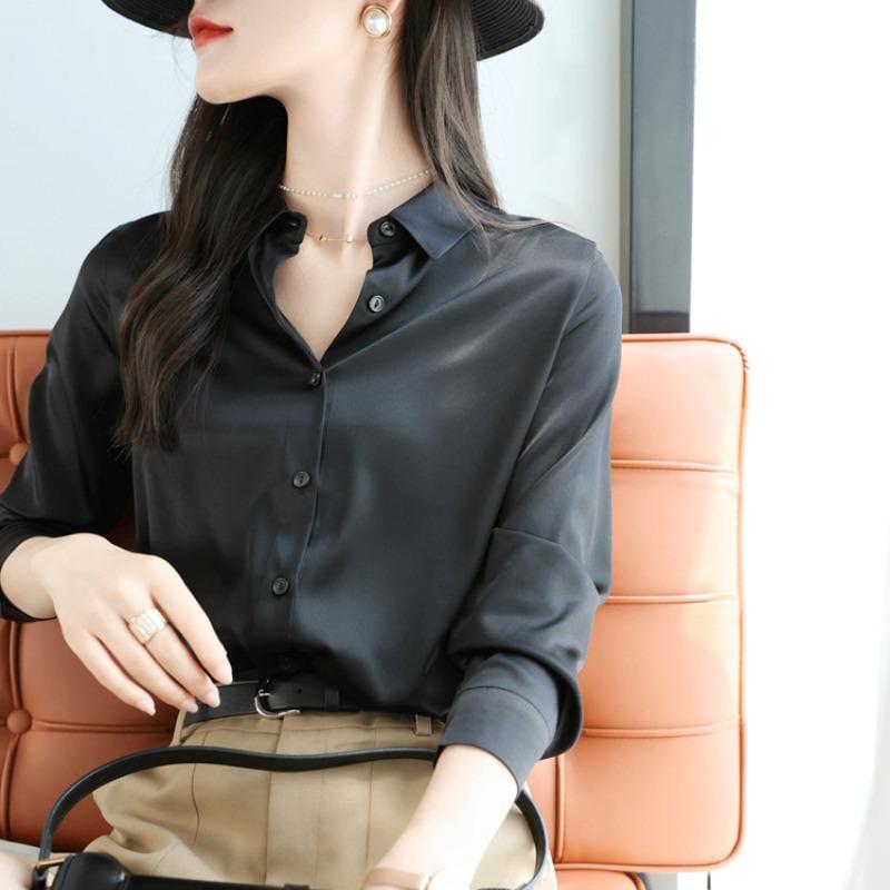 Модная повседневная офисная женская атласная рубашка, свободные топы с длинным рукавом, однотонные женские блузки больших размеров, элегантные винтажные простые женские рубашки на пуговицах 25678