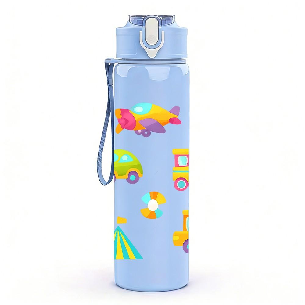 1PC Colorful Toy Vehicle Pattern 750ml Color Plastic Sports Water Bottle Leakproof Flip Straw Lid Suitable for Sports Office Home Use