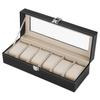 6 Slot PU Leather Watch Box Organizer Display Case Holder Men & Women Glass Jewelry Storage Black Gift