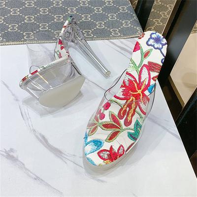 Женские летние шлепанцы на платформе и высоком каблуке 14 см, 4 см, женские шлепанцы-стриптизеры с цветочным принтом, синие прозрачные туфли на крайнем каблуке