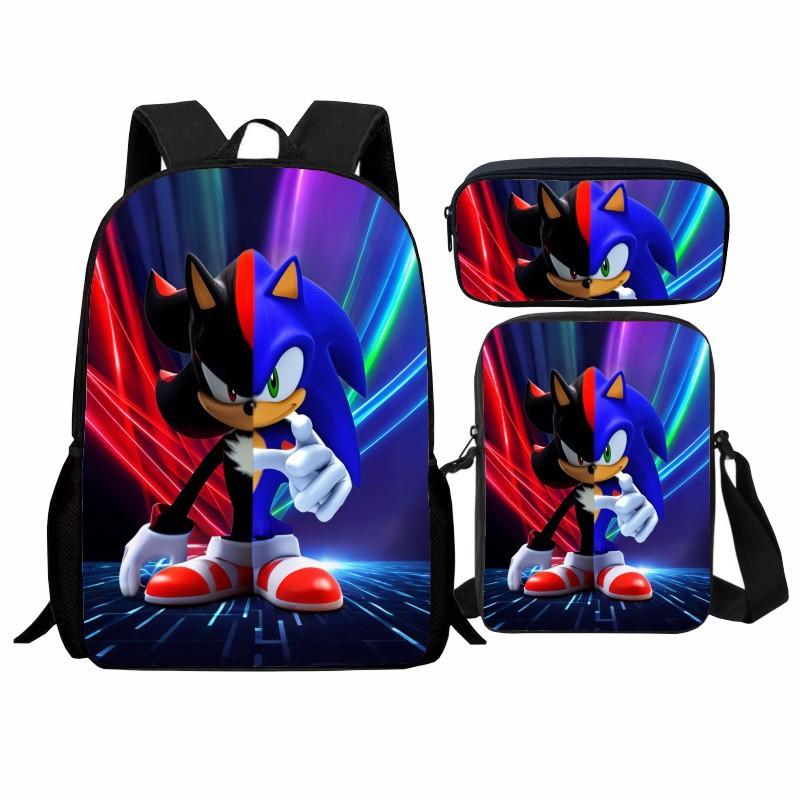 Printed Sonic Student School Bag Three-piece Set, Casual Sonic Backpack Crossbody Bag Pencil Bag Men and Women