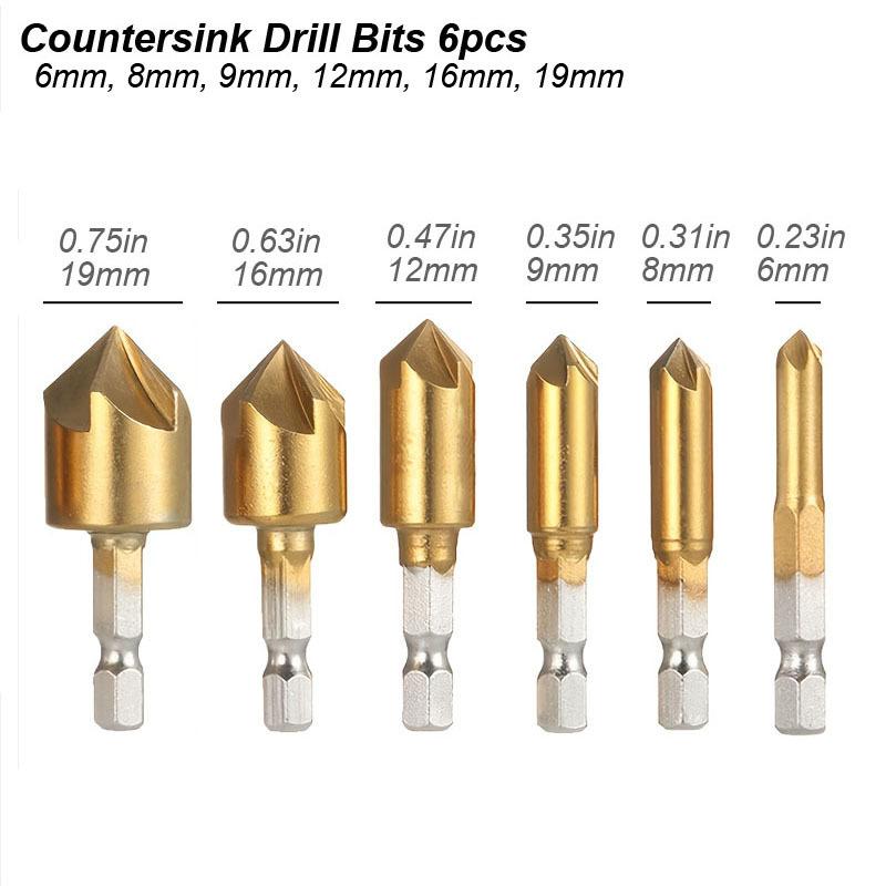 Countersink Drill Bit Set Chamfer 1/4' Hex 5 Flute Counter Sink Mill Cutter for Wood Soft Metal Rubber Plastic Woodworking