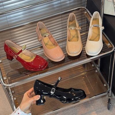 Весенне-осенние туфли-лодочки из лакированной кожи, ретро-надпись, сексуальный высокий каблук, водонепроницаемые, с круглым носком, на толстом каблуке, женские